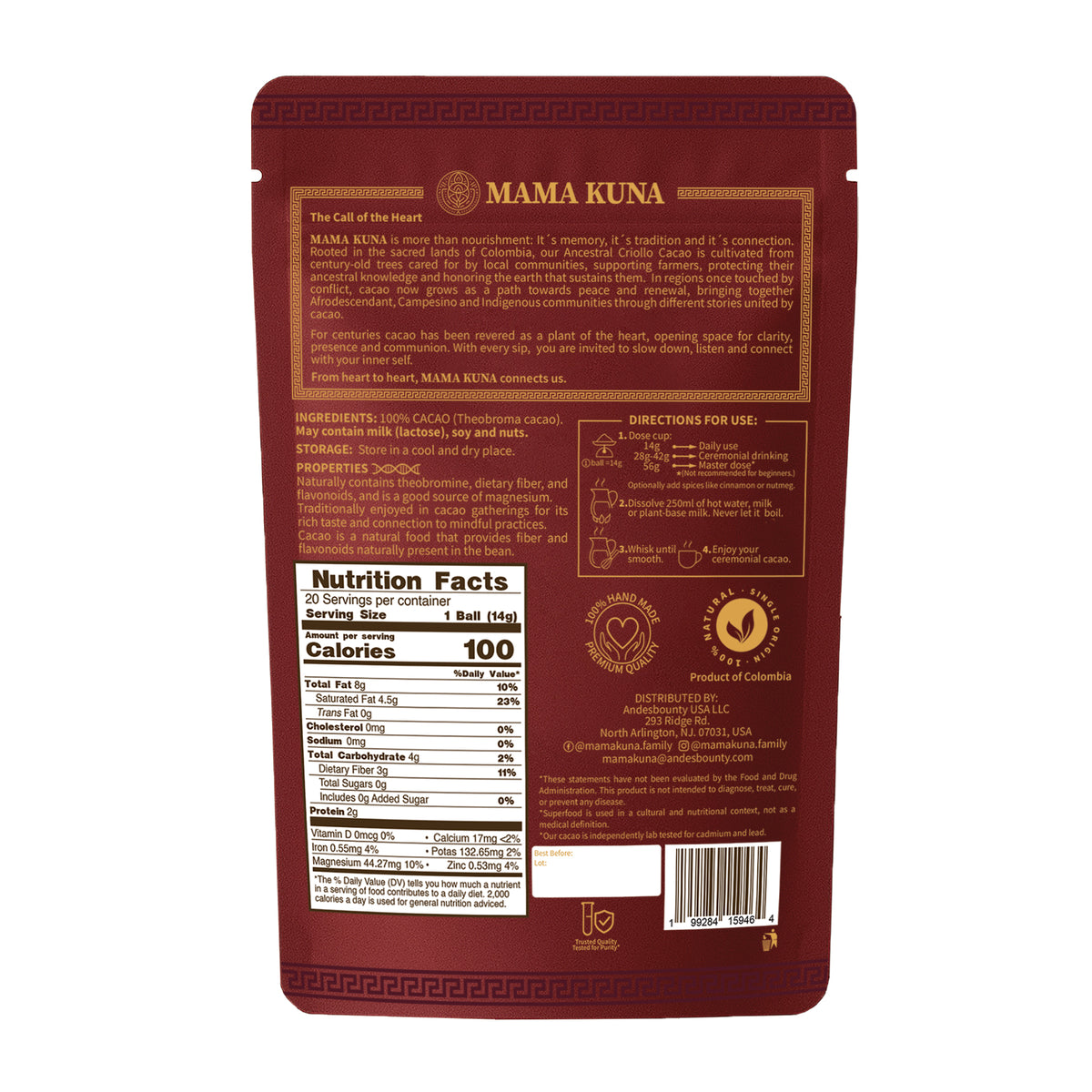 MAMA KUNA Ceremonial Cacao Balls | Traditionally Harvested Single Origin Colombian Cacao  – 280g (9.88 oz)
